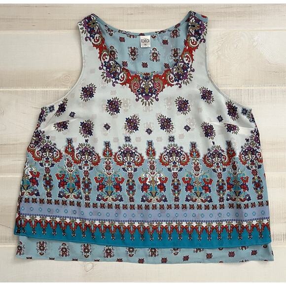 Bila Women's BOHO Tank Top Size XL Blue Multi Floral Print Layered Sleeveless - Picture 1 of 9
